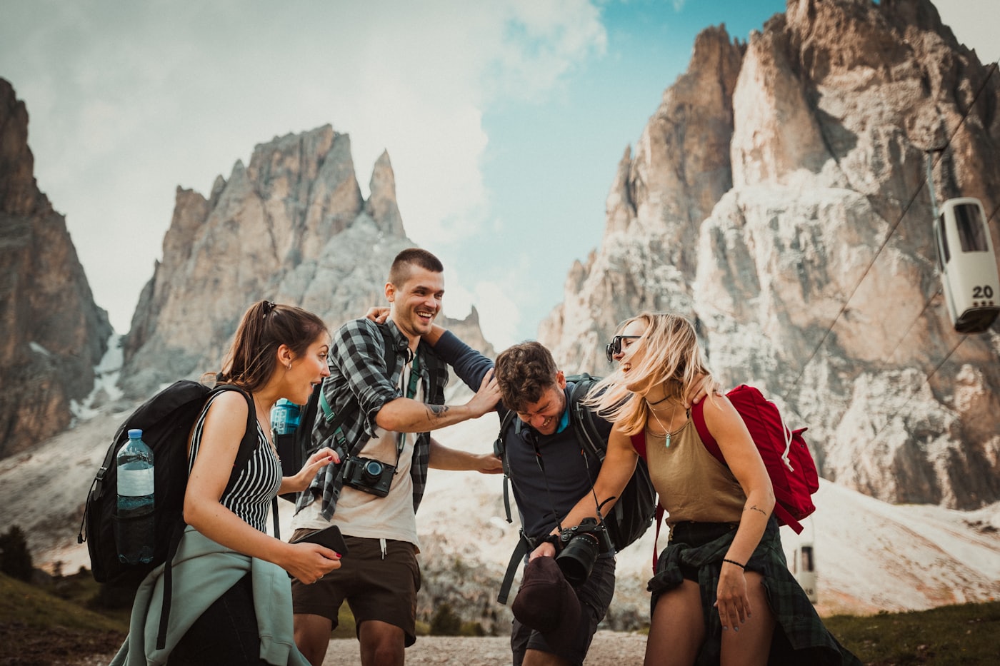 Travellers laughing together on a trip